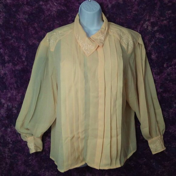 Vintage 80s Allison Smith Sheer Pleated Blouse Top -16 Flower Beads Yellow Flaws - Picture 1 of 9